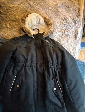 girls Limited Too Black Hooded Puffer Coat with Faux Fur Triml